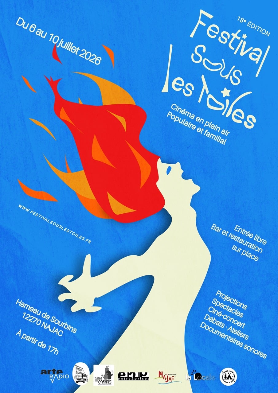 Affiche du Festival Sous les Toiles 2026 — silhouette aux cheveux de feu sur fond bleu cobalt